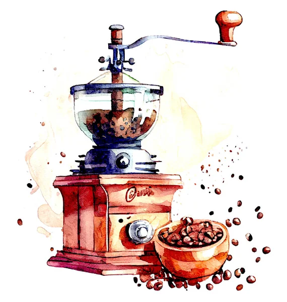 Coffee grinder hand drawn watercolor illustration Cafe