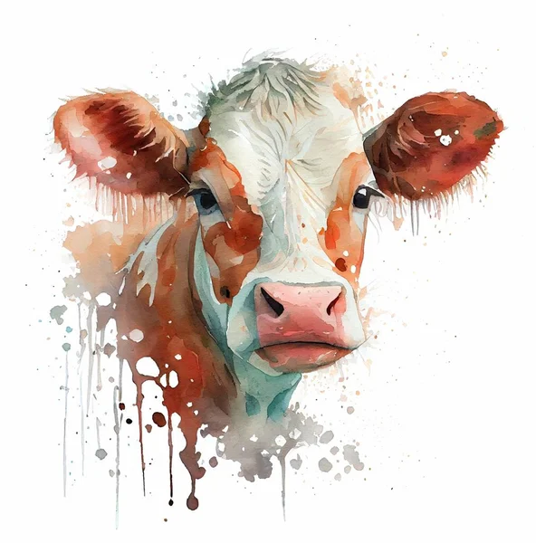 Red cow portrait hand drawn watercolor illustration Farm
