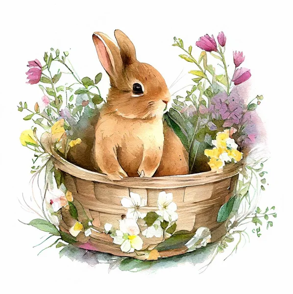 Rabbit sitting in a basket of flowers hand drawn watercolor illustration