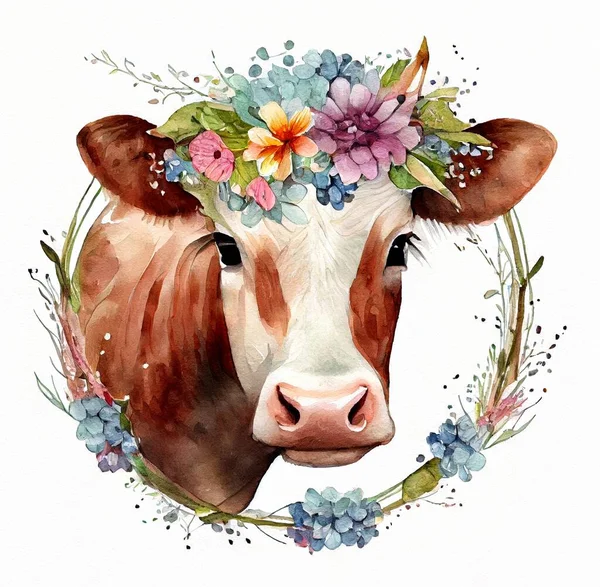 Cow portrait with flowers on head hand drawn watercolor illustration Farming