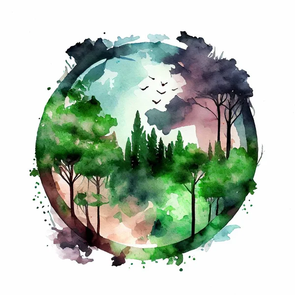 Planet earth and trees abstract watercolor hand drawn illustration.Eco