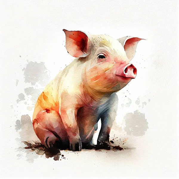 Funny Pig farm hand drawn watercolor illustration