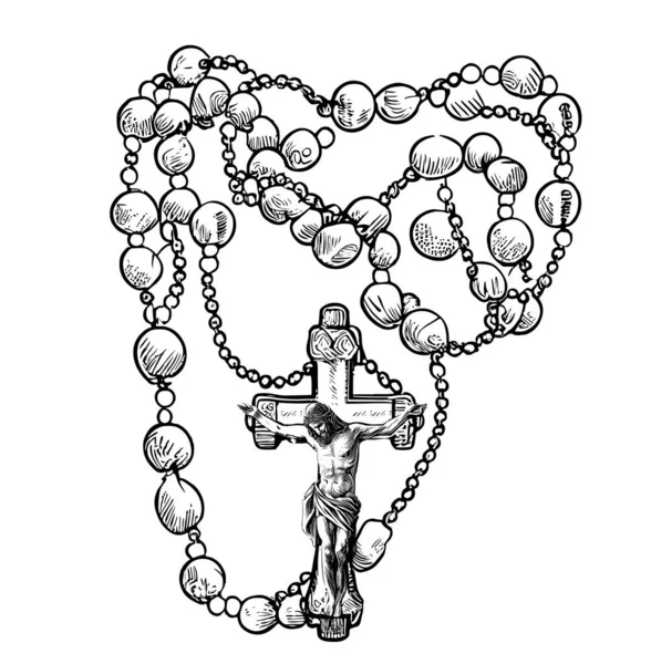 漫画風に手描きで描かれたカトリックロザリオ宗教イラスト — ストックベクタ