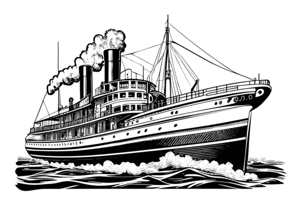 Steamship Vintage Bosquejo Dibujado Mano Vector Ilustración Transporte — Vector de stock