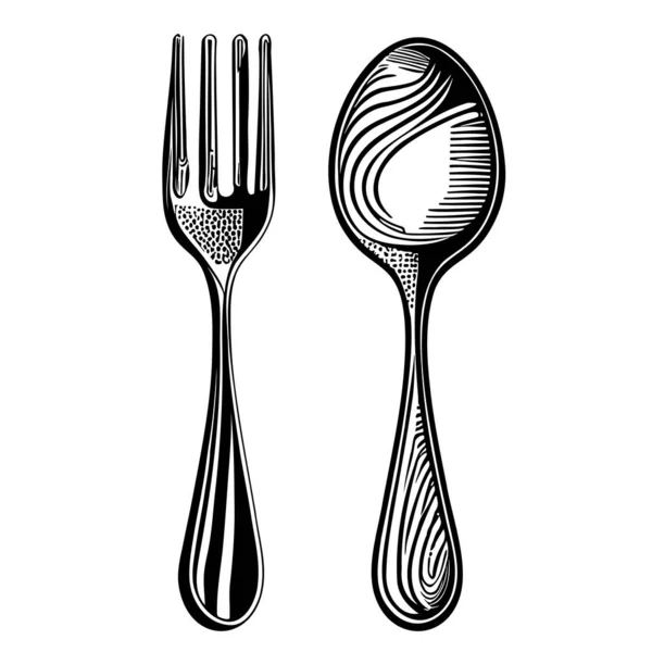 Spoon Fork Sketch Drawn Hand Dudl Style Vector Illustration — стоковый вектор