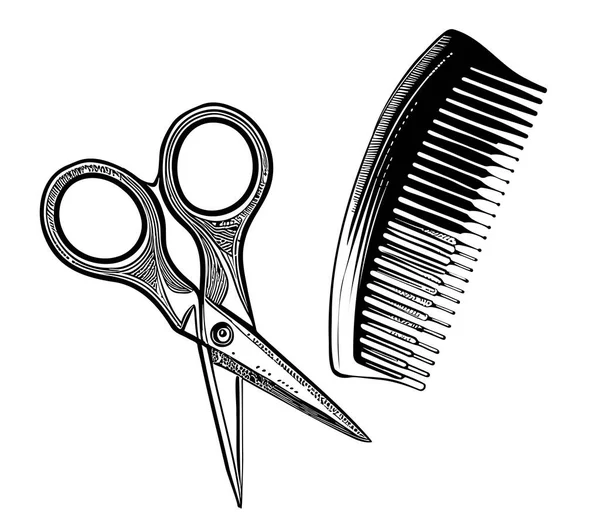 Scissors Combing Hair Sketch Hand Drawn Doodl Style Illustrations Hairdresser — Image vectorielle
