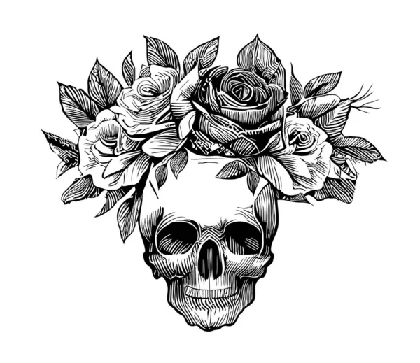 Skull Roses Hand Drawn Sketch Illustration — Vector de stock