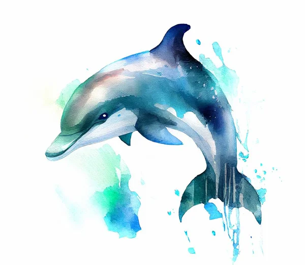 Jumping dolphin watercolor hand drawn illustration animals