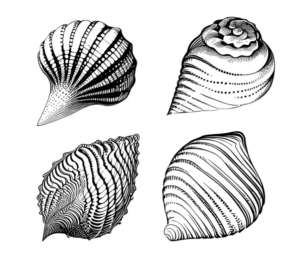 Set Seashell Disegno Disegnato Mano Illustrazione Animali Marini — Vettoriale Stock