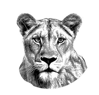 Adult lioness portrait hand drawn sketch illustration, Wild animals clipart