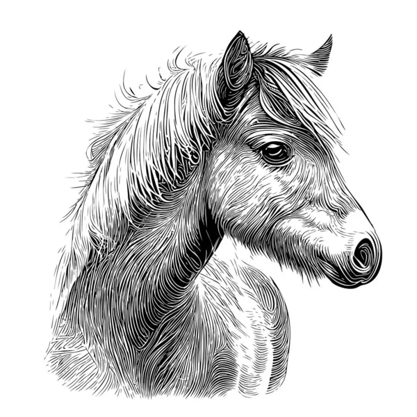 馬のポニーの肖像画手描きのスケッチベクトルイラスト — ストックベクタ