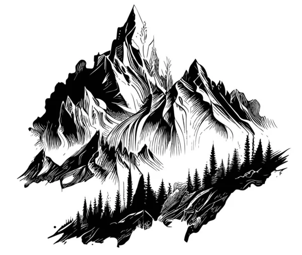 Montañas Bosque Bosquejo Dibujado Mano Vector Naturaleza Ilustración — Vector de stock