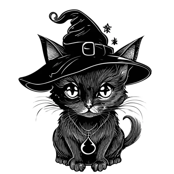 Μαύρο Γατάκι Ένα Χέρι Μάγισσα Καπέλο Ζωγραφισμένο Σκίτσο Διάνυσμα Εικονογράφηση — Διανυσματικό Αρχείο