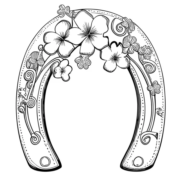 花の手描きスケッチイラストと馬蹄形 幸運のシンボル — ストックベクタ