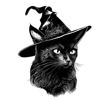 Cadı şapkası portresindeki kara kedi. El çizimi Cadılar Bayramı çizimi.