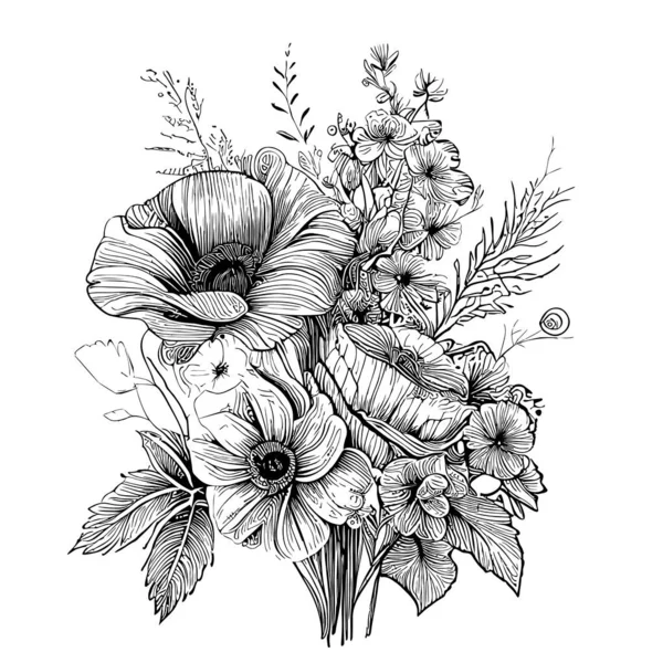 Μπουκέτο Λουλούδια Boho Στυλ Σκίτσο Ζωγραφισμένα Στο Χέρι Εικονογράφηση — Διανυσματικό Αρχείο