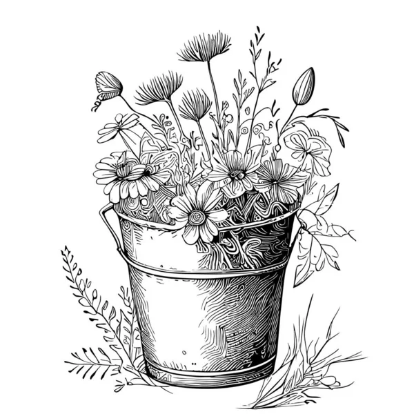 Fleurs Sauvages Dans Seau Croquis Dessiné Main Illustration Vectorielle — Image vectorielle