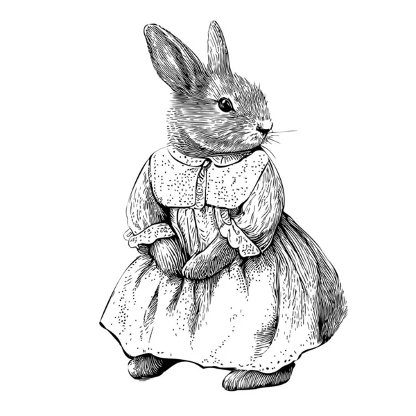 Conejo Chica Vestido Bosquejo Mano Dibujado Doodle Estilo Ilustración — Vector de stock
