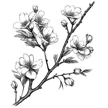 Karalama stili Vektör illüstrasyon Çiçekleriyle çizilmiş Sakura dalı çizimi