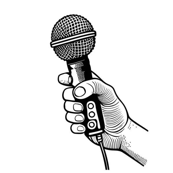Mão Segurando Microfone Esboço Desenhado Mão Estilo Doodle Ilustração Vetorial —  Vetores de Stock