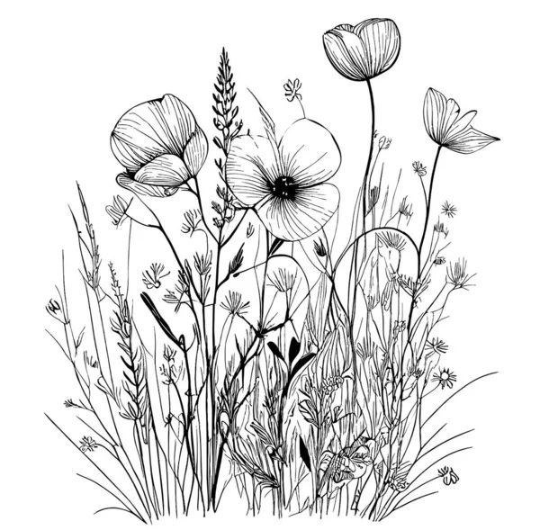 Croquis Dessiné Main Fleurs Sauvages Sauvages Dans Une Illustration Style — Image vectorielle