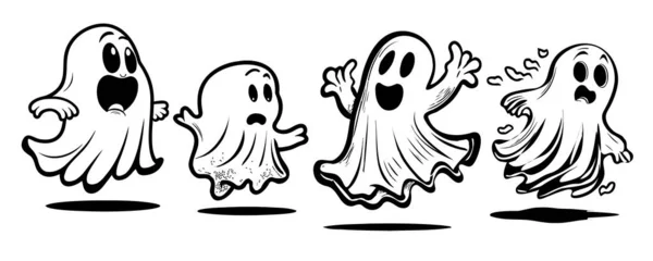 Set Fantasmi Cartone Animato Disegnato Mano Schizzo Halloween Illustrazione — Vettoriale Stock