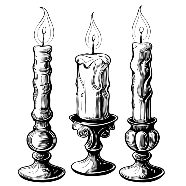 Set Retro Kaarsen Met Hand Getekend Schets Illustratie — Stockvector