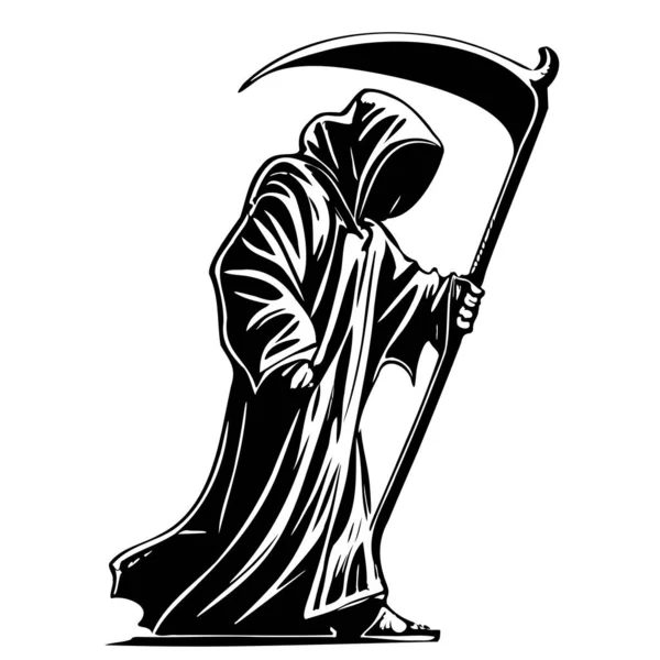 Смерть Плаще Нарисованной Рукой Косой Правообладатель Иллюстрации Halloween — стоковый вектор