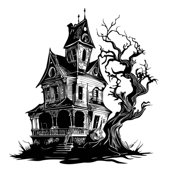 Haunted Casa Disegnato Mano Schizzo Vettoriale Illustrazione Halloween — Vettoriale Stock