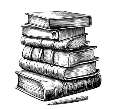 Eski kitap yığını. El çizimi çizimi çizimi.