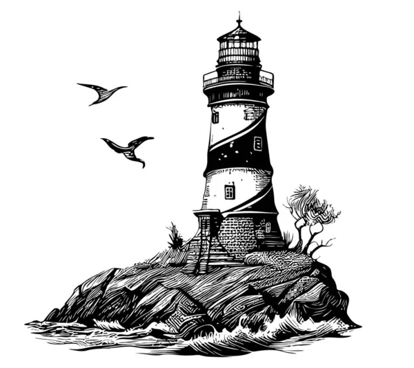 海辺のスケッチ手描きイラストの灯台 — ストックベクタ