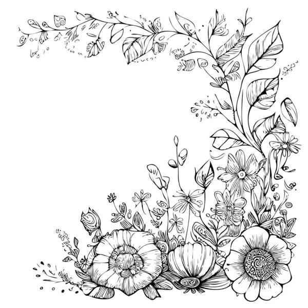 Quadro Flores Estilo Boho Esboço Mão Desenhada Ilustração — Vetor de Stock