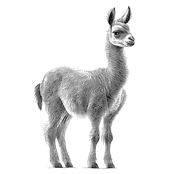 Lama Croquis Debout Dessiné Main Dans Une Illustration Style Doodle — Image vectorielle
