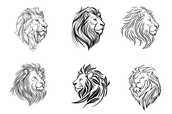 Lion Head Label Set Hand Drawn Sketch Illustration — Stock Vector