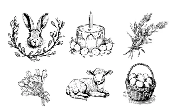 Set Pasqua Coniglio Con Fiori Con Torta Uova Disegnato Mano — Vettoriale Stock