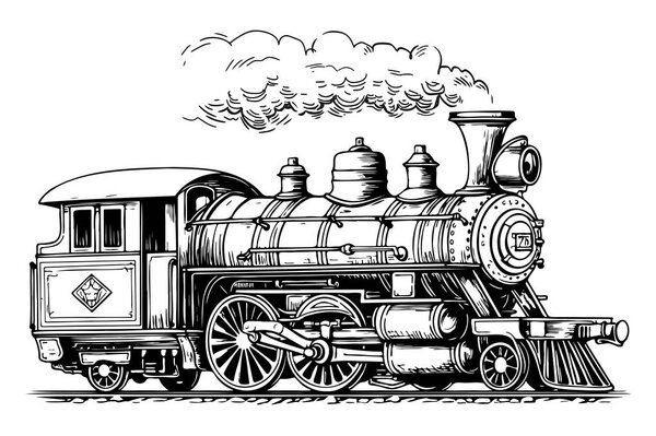 Steam Locomotive vintage hand drawn sketch illustration