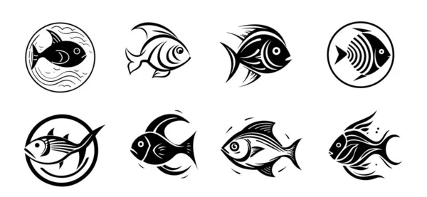 Set Von Fischsymbolen Skizziert Handgezeichnete Illustration Logo — Stockvektor
