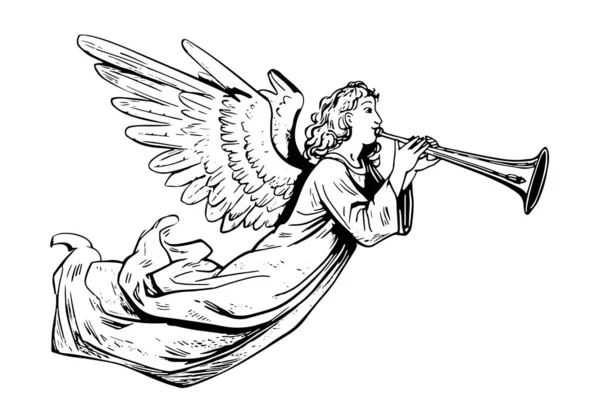 Angel Volando Jugando Ilustración Dibujada Mano Del Bosquejo Tubería — Vector de stock