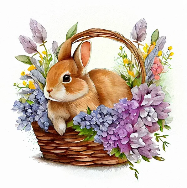 Rabbit sitting in a basket of flowers hand drawn watercolor illustration Cute animal