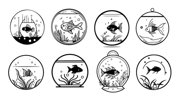 Set Emblem Ikan Dalam Sketsa Akuarium Gambar Tangan Gambar Logo - Stok Vektor