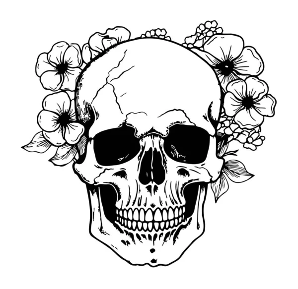 Crânio Com Flores Desenhado Mão Esboço Ilustração — Vetor de Stock