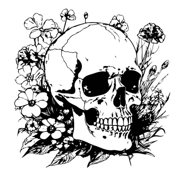 Çiçeklerdeki Kafatası Elle Çizilmiş Çizim Çizimi — Stok Vektör