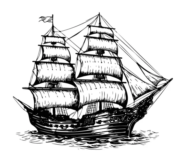 Barco Velero Viejo Boceto Dibujado Mano Ilustración — Vector de stock