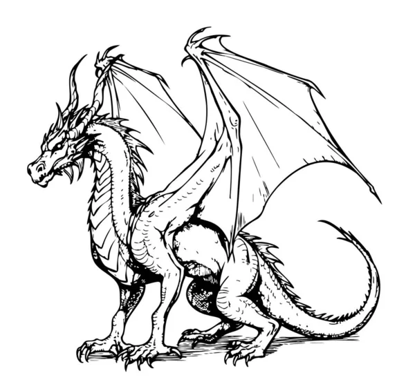 Fantaisie Dragon Assis Croquis Illustration Mythes Légendes — Image vectorielle