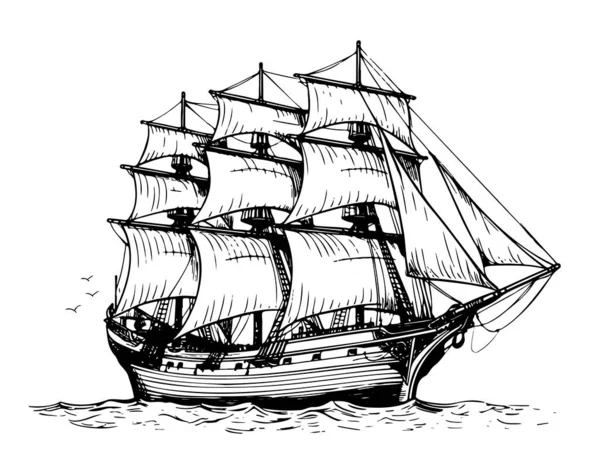 Πλοίο Φρεγάτα Παλιό Σκίτσο Χέρι Ζωγραφισμένα Εικόνα — Διανυσματικό Αρχείο