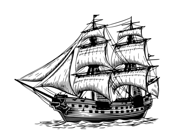 船フリゲート帆船古いスケッチ手描きイラスト — ストックベクタ