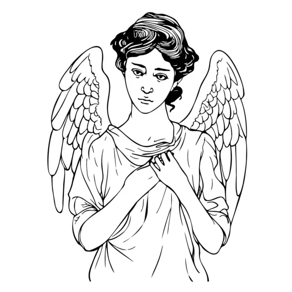 Ангел Женщина Крыльями Сложенными Руками Белом Фоне Нарисованный Эскизом Стиле — стоковый вектор