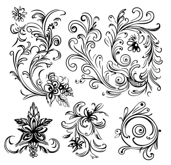 Floral Διακοσμητικά Στοιχεία Ζωγραφισμένα Στο Χέρι Σκίτσο Στυλ Doodle Εικονογράφηση — Διανυσματικό Αρχείο