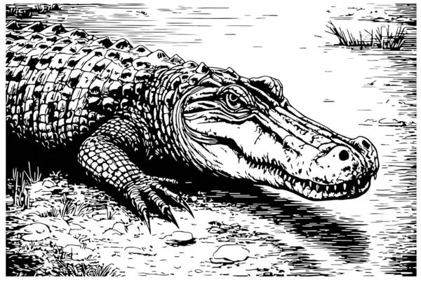 River中的鳄鱼草图手绘在涂鸦风格的插图中 — 图库矢量图片