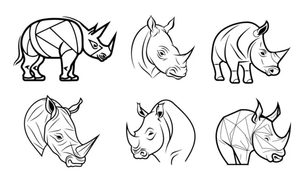 Rhino Set Logo Skizze Handgezeichnet Kritzelstil Illustration — Stockvektor